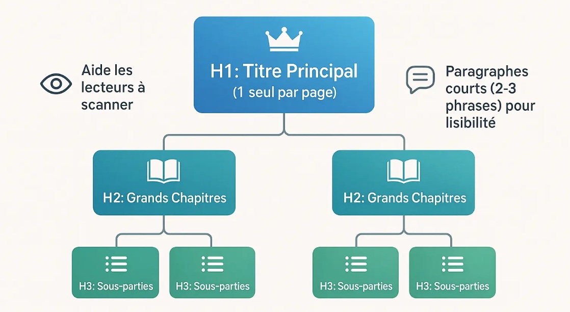 Infographie créée automatiquement par Wisewand sur un exemple de structure Hn d'un article optimisé SEO