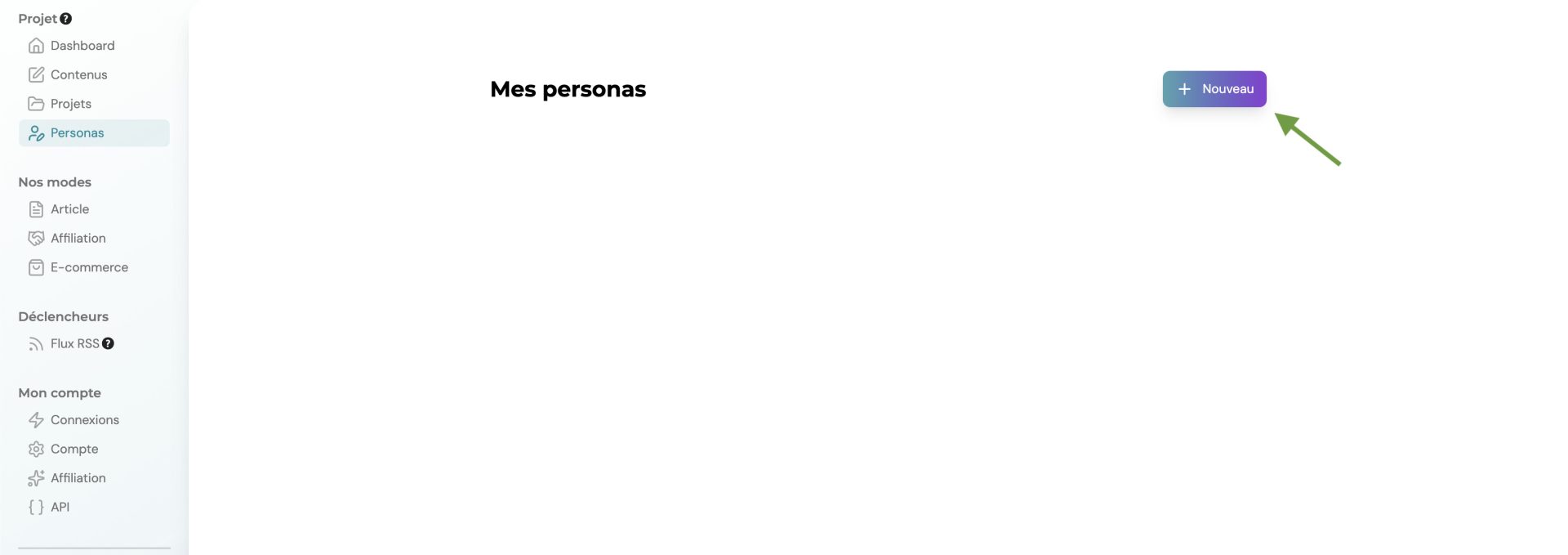 Bouton pour créer un nouveau persona SEO dans l'interface Wisewand