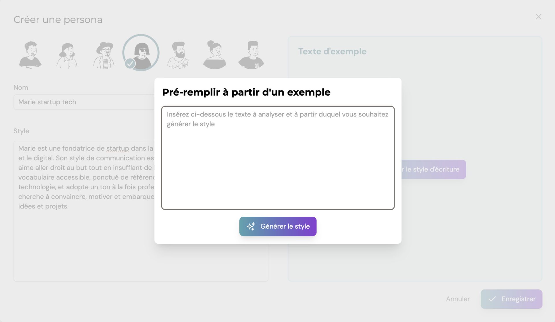 Fonctionnalité de pré-remplissage intelligent pour créer un persona SEO sur Wisewand