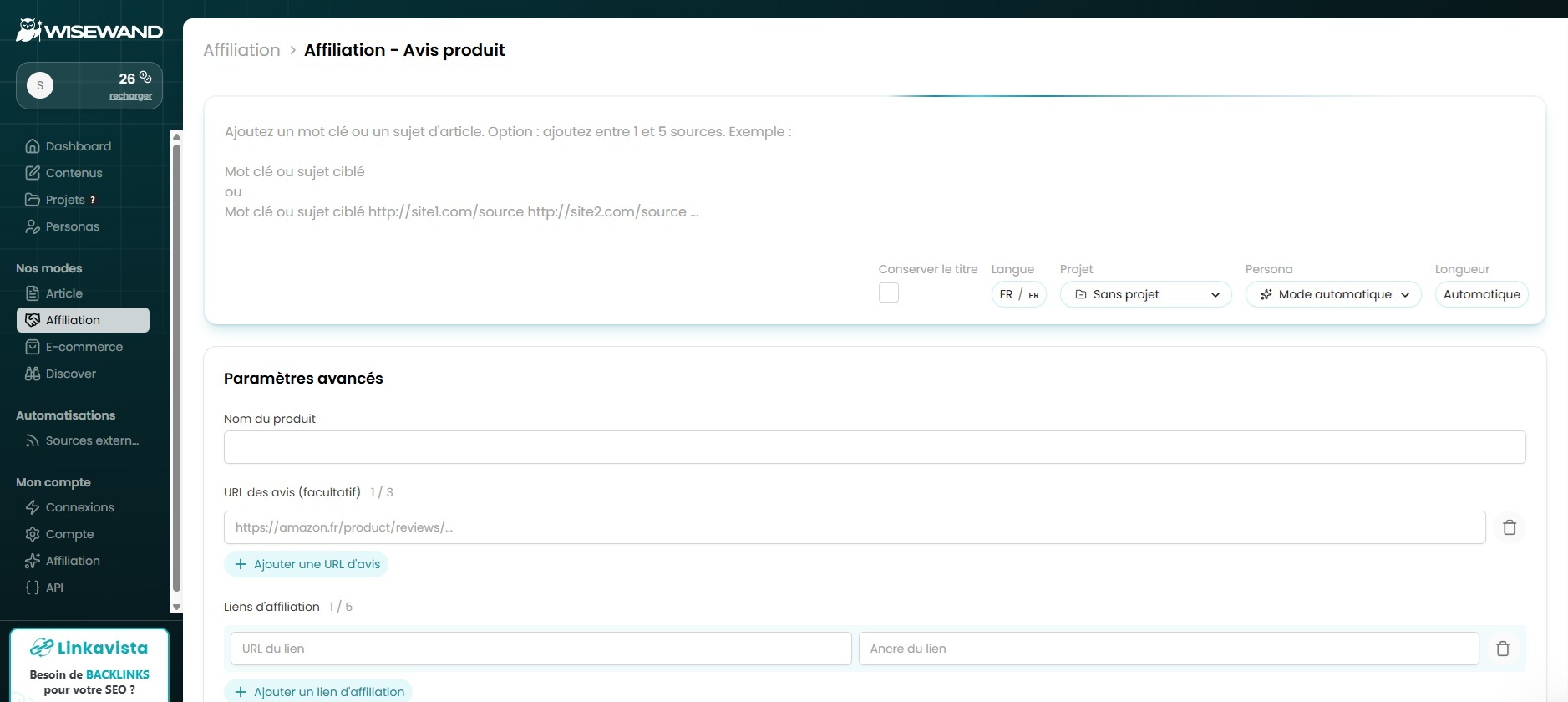 Interface Wisewand montrant le mode affiliation pour la génération automatique de contenu
