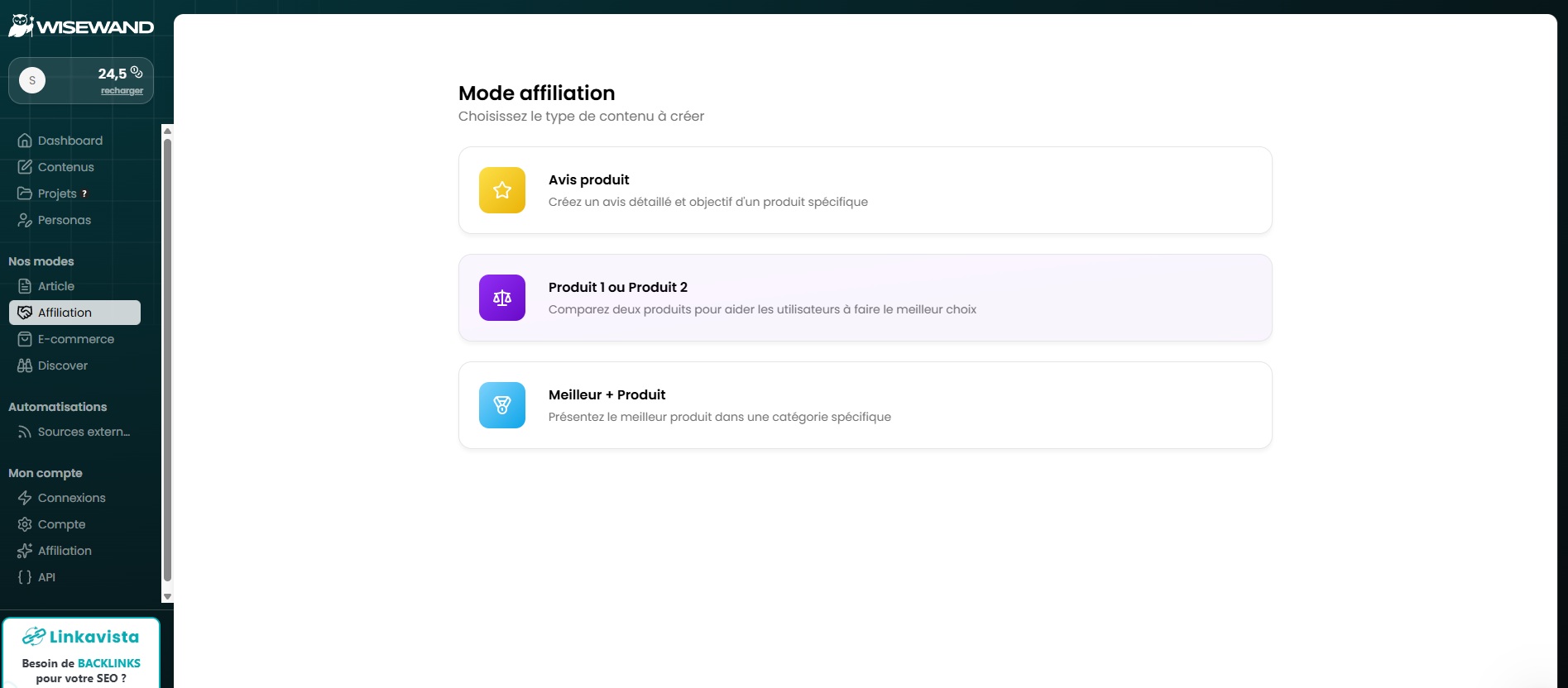 Options d'affiliation disponibles dans Wisewand pour créer différents types de contenus