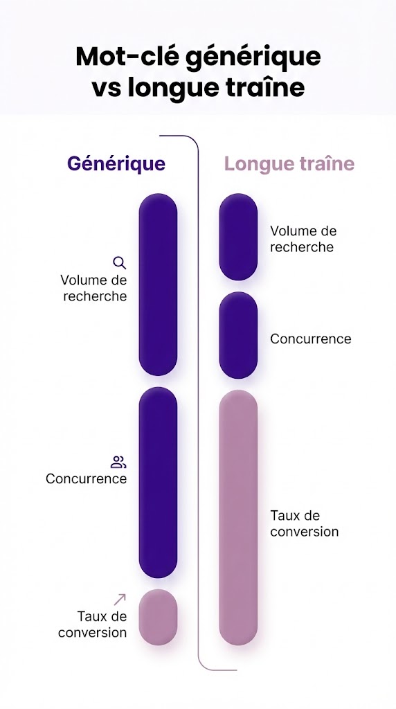 Comparaison entre mot-clé générique et longue traîne en SEO