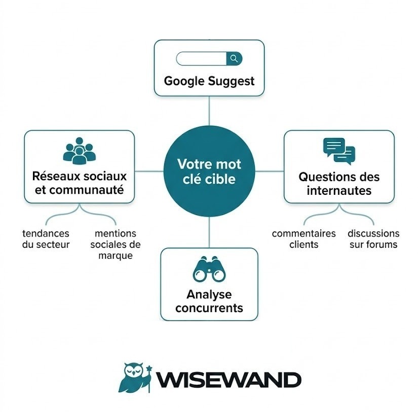 Infographie sur les m&eacute;thodes pour trouver des id&eacute;es de mots-cl&eacute;s et de sujets d'articles de blog