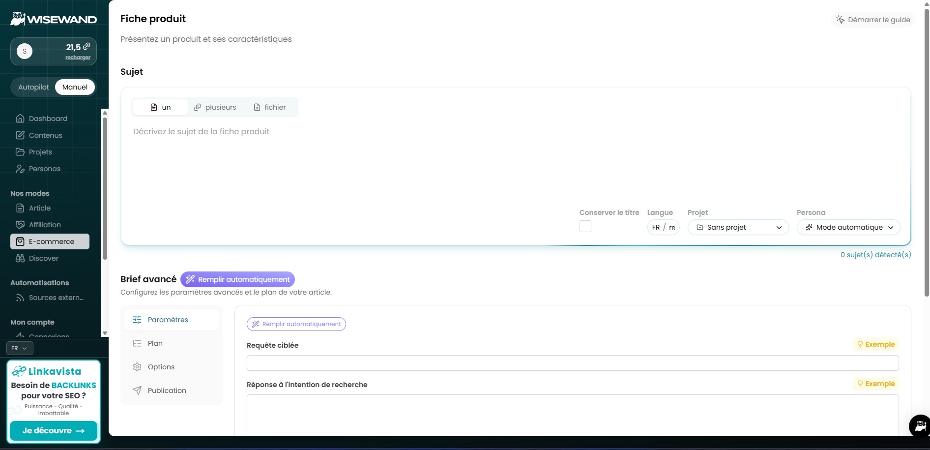 Création d'une fiche produit pour un vêtement dans le mode e-commerce de Wisewand