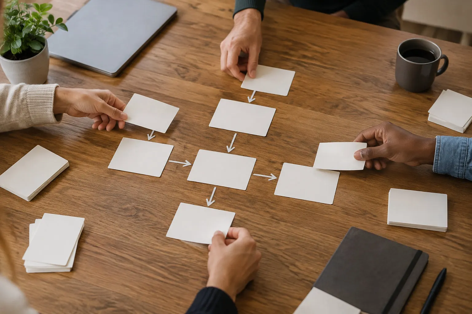 Several people arrange blank cards and draw arrows on a wooden table to create a flowchart.