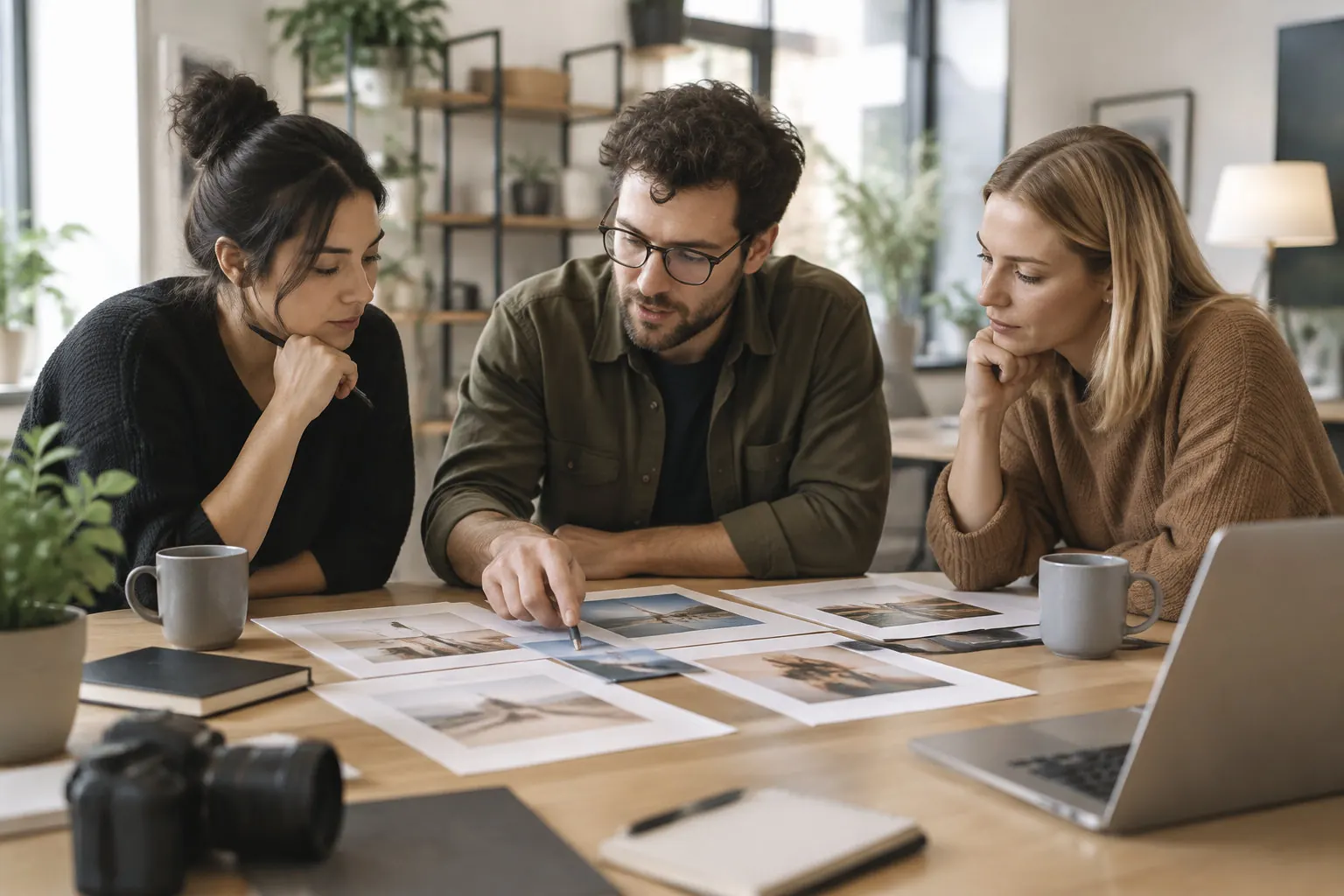 Three people lean over printed photographs on a table as one points to an image; a camera, laptop, notebooks, and mugs are nearby.
