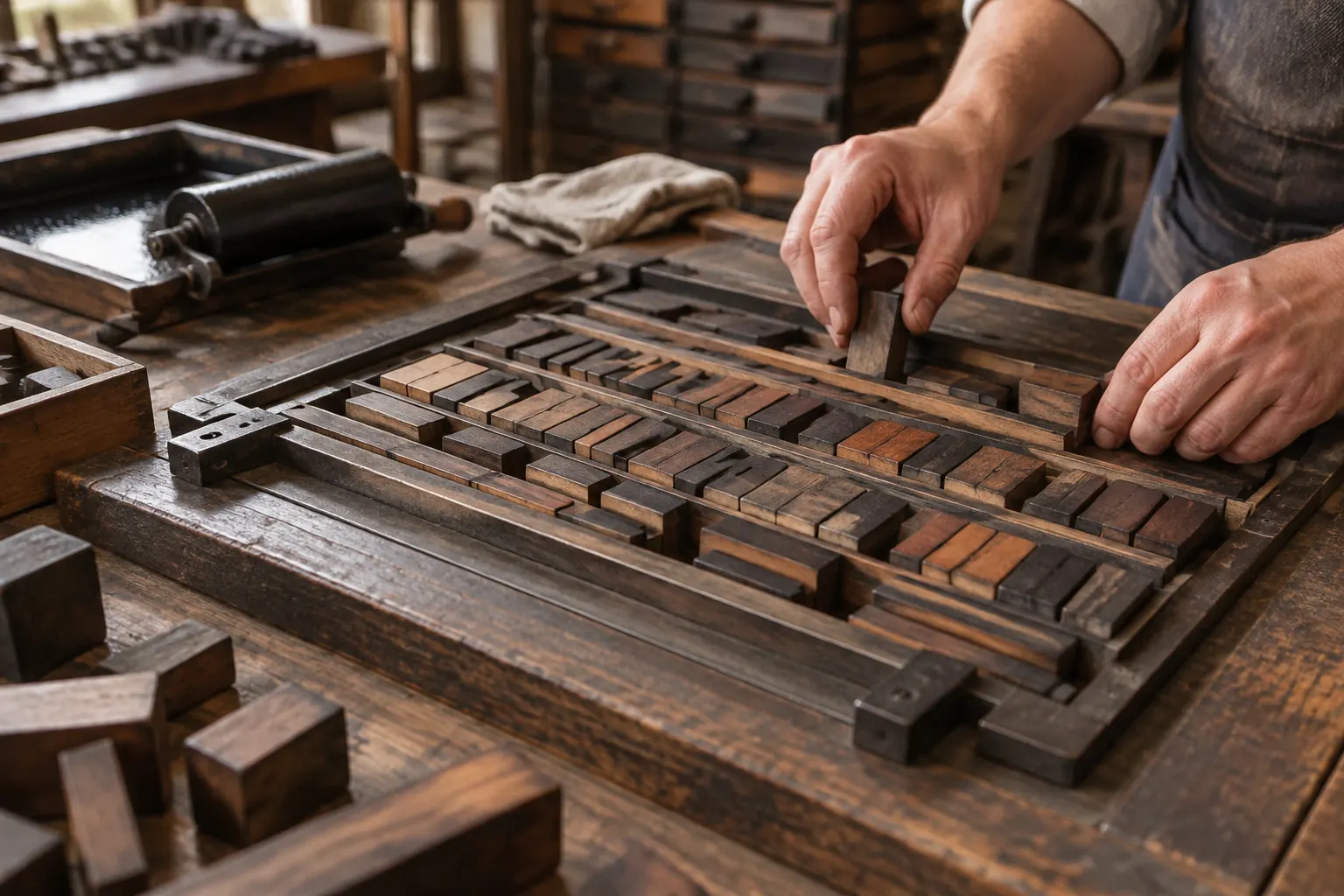 Une personne ajuste des caractères en bois dans un composteur typographique posé sur un établi, avec un rouleau d’imprimerie à proximité.