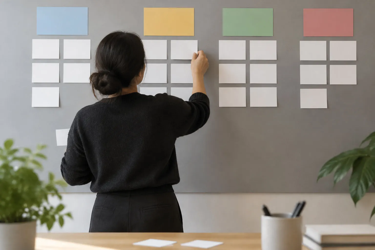 Une femme, vue de dos, dispose des cartes blanches sous des feuilles colorées sur un grand tableau gris, dans une pièce avec des plantes et un bureau.
