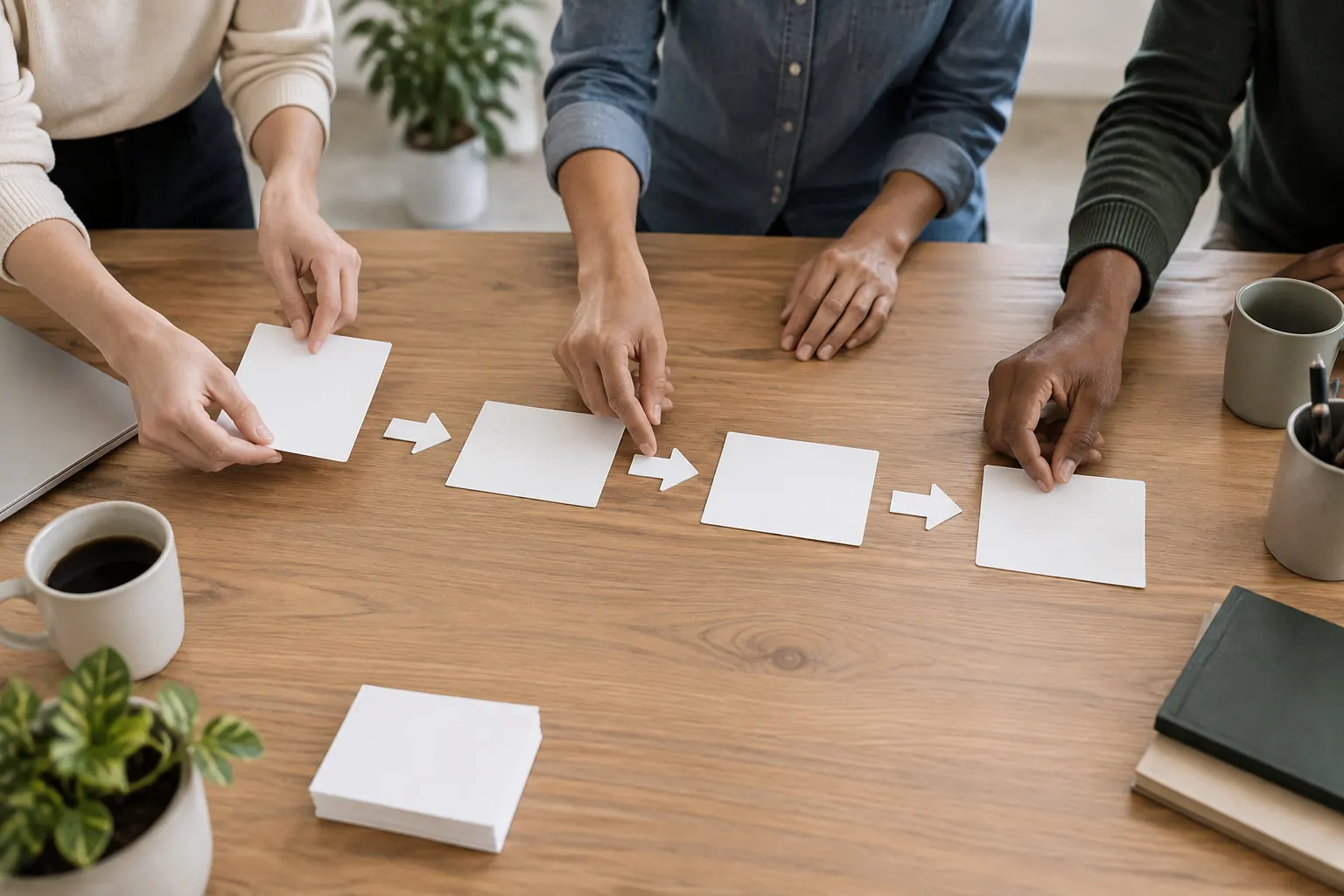 Des personnes disposent des cartes blanches reliées par des flèches sur une table en bois, avec des tasses, des plantes et des carnets autour.