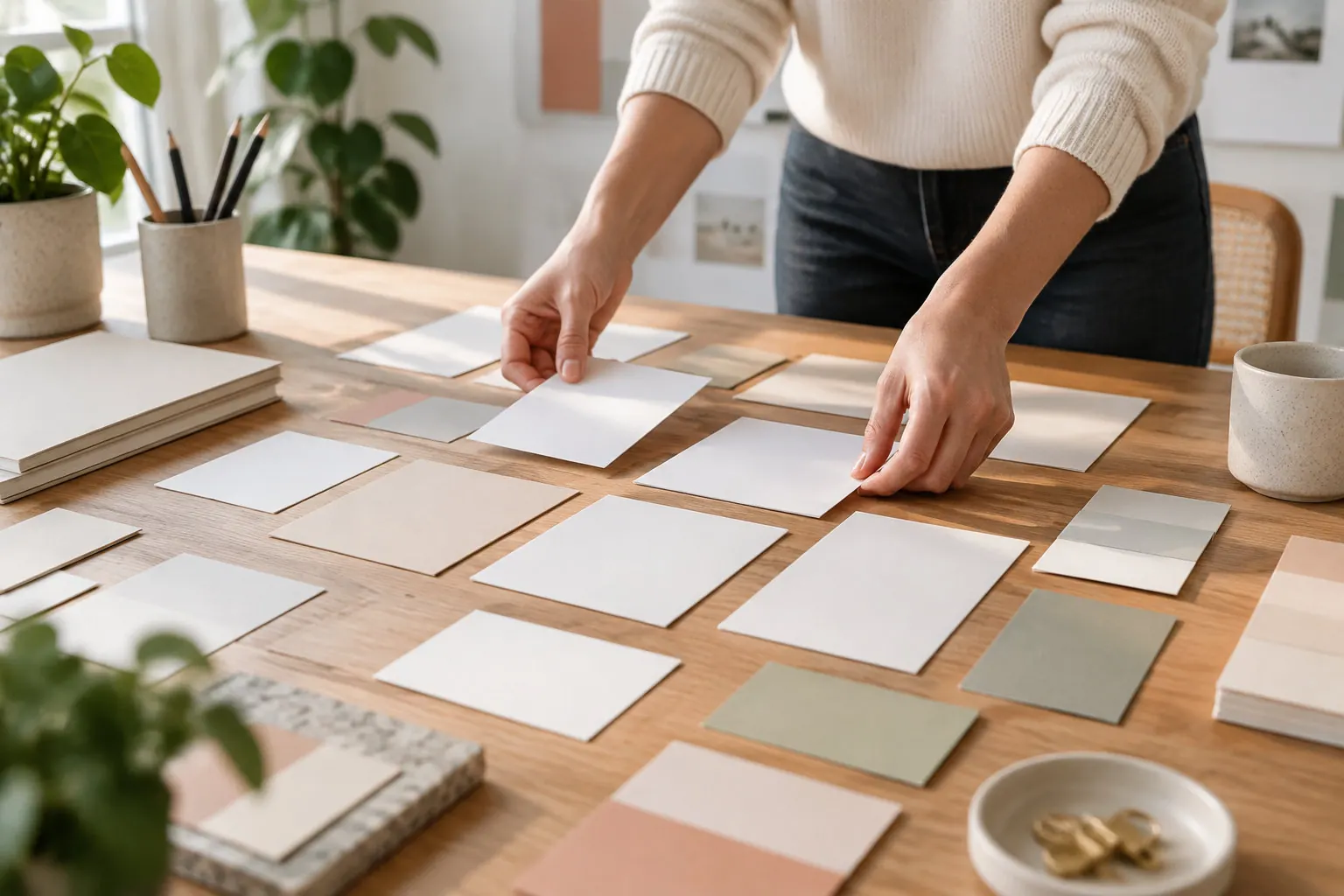 Une personne dispose des échantillons de couleurs et de matériaux sur une table en bois, dans une pièce lumineuse.