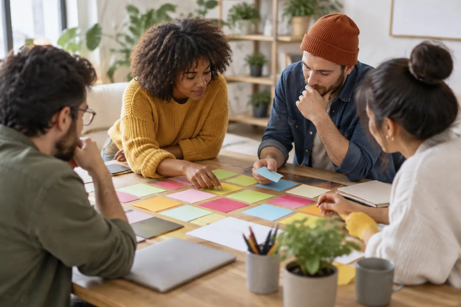Quatre personnes discutent autour d’une table couverte de notes autocollantes colorées, avec un ordinateur, des crayons et des plantes.