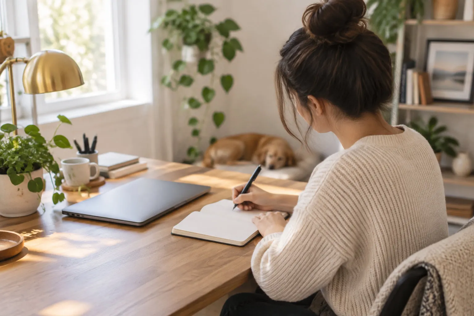 A woman writes in an open notebook at a wooden desk, with a closed laptop, a mug, plants, and a dog resting in the background.