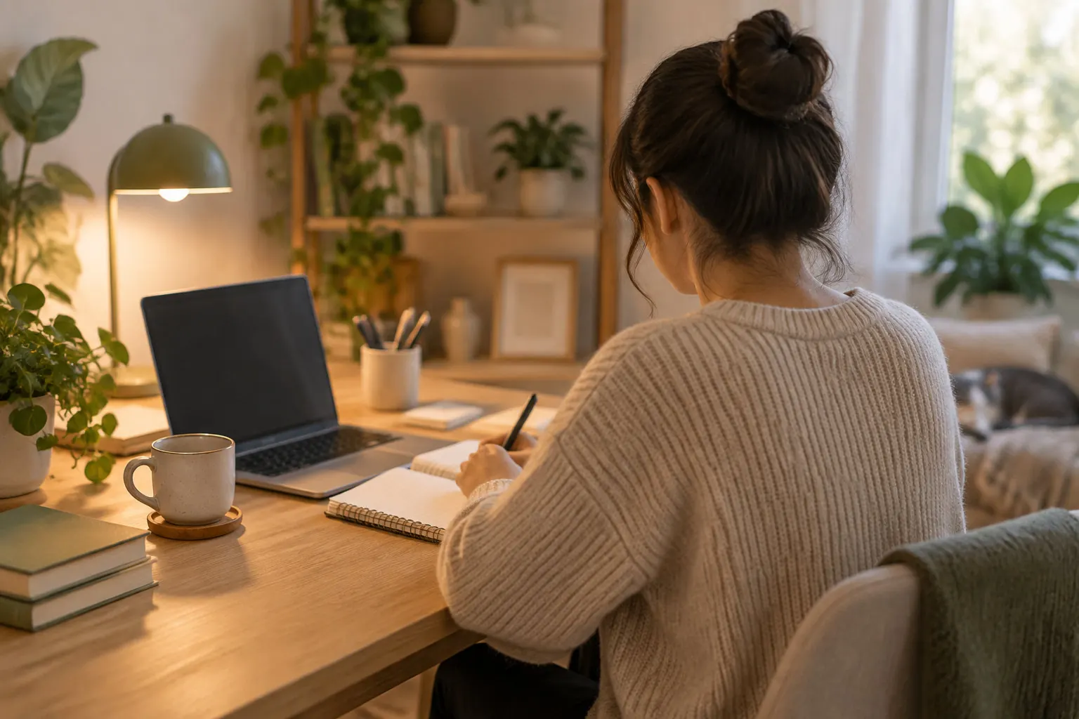 A woman in a knitted sweater writes in a notebook at a wooden desk with an open laptop, a mug, books, and plants nearby, while a cat rests on a sofa in the background.