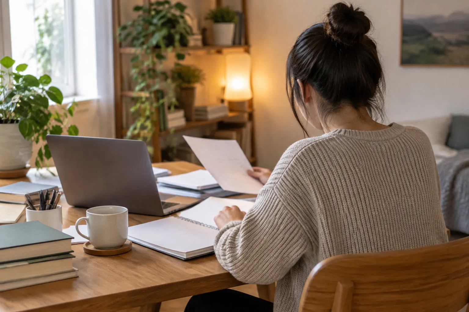 A woman sits at a wooden desk with a laptop, books, papers, and a cup, reading a sheet in a warmly lit room.