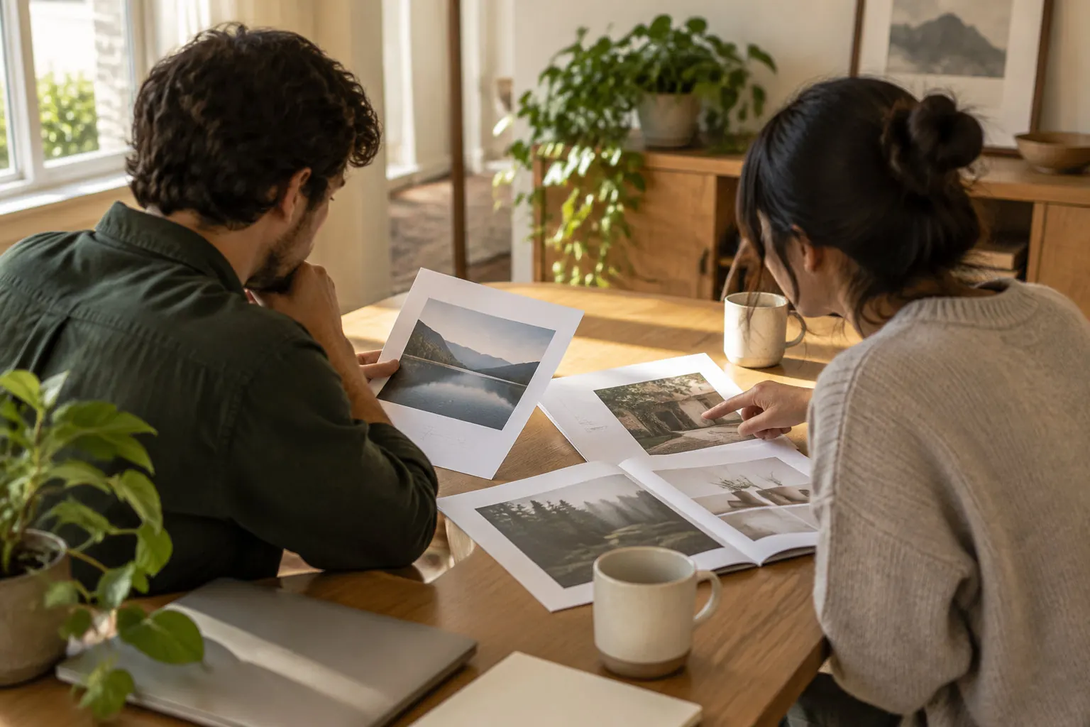 Two people sit at a wooden table reviewing printed landscape photographs and a photo book, with mugs and a closed laptop nearby.