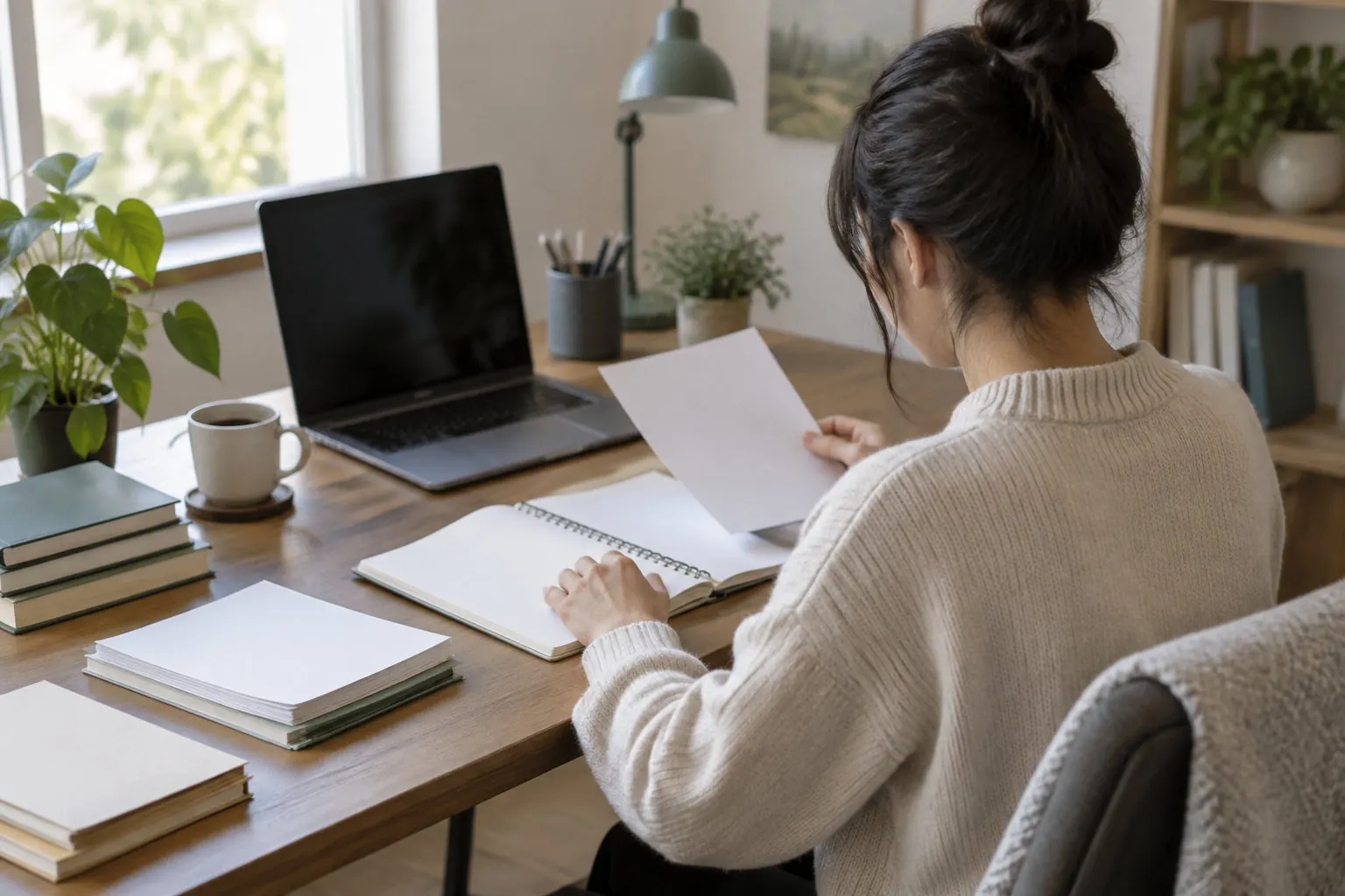A woman sits at a wooden desk, holding a blank sheet of paper above an open notebook, with a laptop, books, a cup, and plants nearby.
