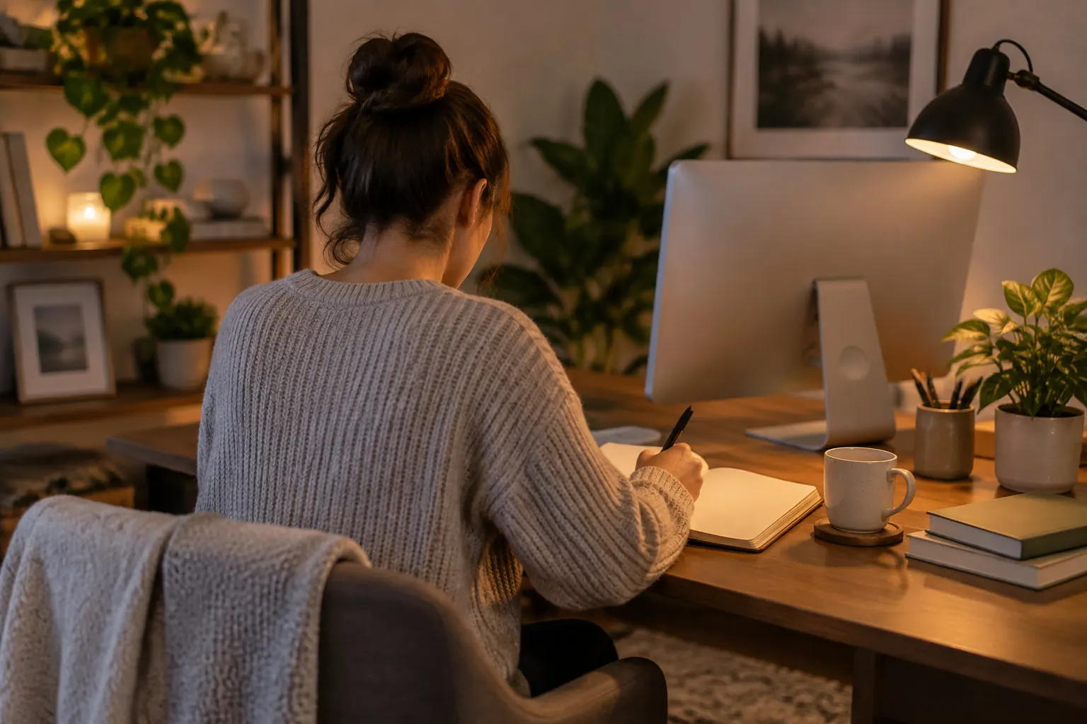 A woman writes in an open notebook at a wooden desk beside a computer monitor, a mug, books, plants, and a lit desk lamp.