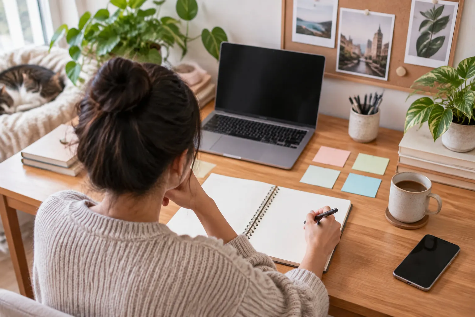 A woman writes in an open notebook at a wooden desk with a laptop, sticky notes, a coffee mug, books, and potted plants, while a cat rests on a bed nearby.