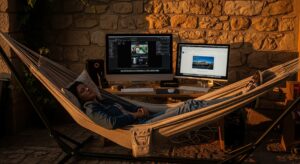 Une personne dans un hamac qui génère des revenus en dormant grâce à l'intelligence artificielle qui automatise son site d'affiliation