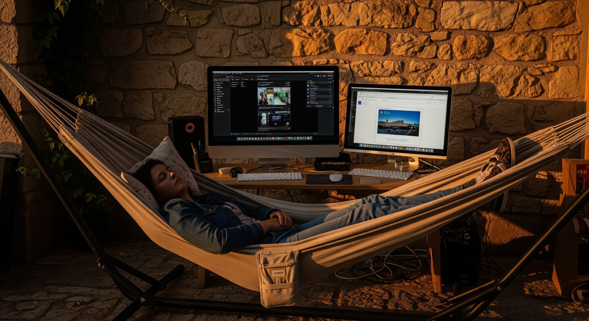 Une personne dans un hamac qui génère des revenus en dormant grâce à l'intelligence artificielle qui automatise son site d'affiliation