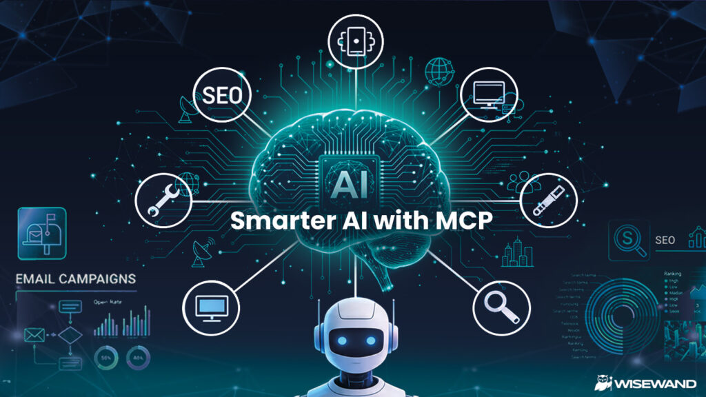 Illustration d’une IA avec WiseWand MCP générant du contenu SEO et automatisant le marketing
