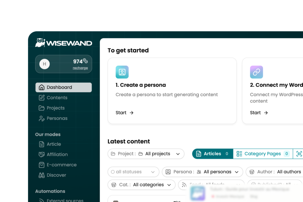 Wisewand interface: editorial planning and SEO article generation
