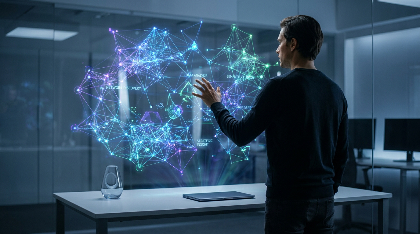 Un homme interagit avec une interface numérique holographique complexe représentant des réseaux de données et des clusters.