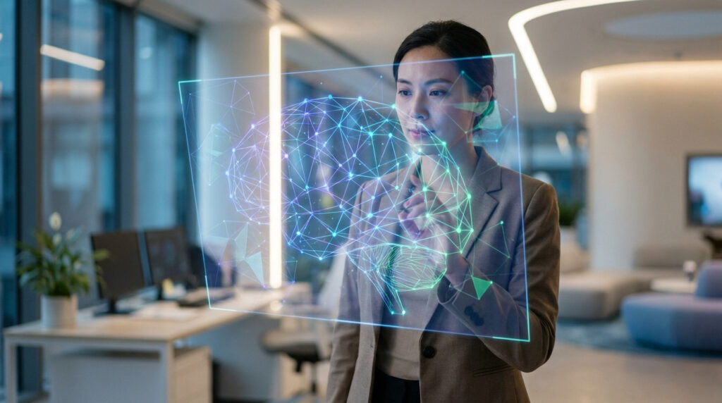 Une femme d'affaires interagissant avec une interface numérique holographique représentant un cerveau en réseau.