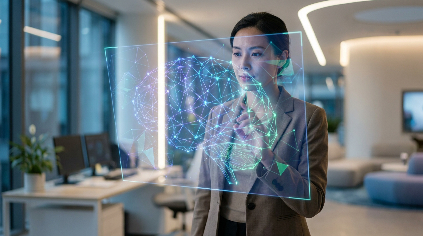 Une femme d'affaires interagissant avec une interface numérique holographique représentant un cerveau en réseau.