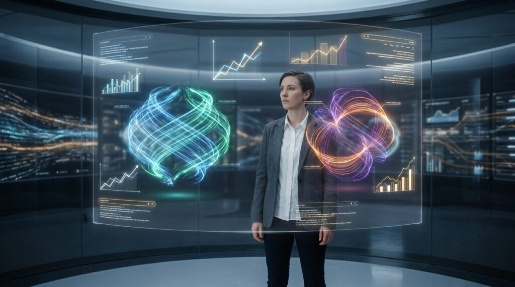 Une femme d'affaires devant un écran holographique affichant des données et des graphiques de performance SEO.
