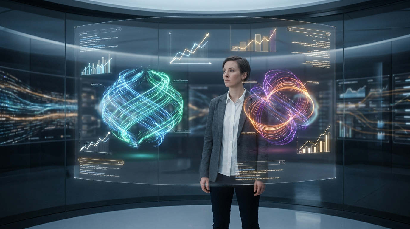 Une femme d'affaires devant un écran holographique affichant des données et des graphiques de performance SEO.