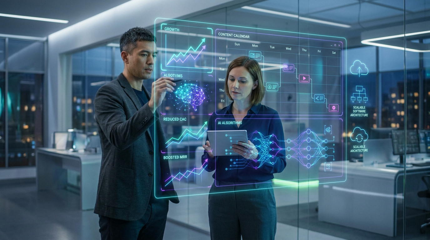 Deux professionnels analysent un tableau de bord numérique holographique affichant des données et un calendrier de contenu.