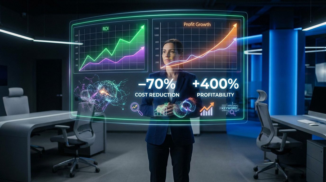 Femme devant affichage holographique montrant ROI, croissance des profits, -70% de coûts et +400% de rentabilité IA.