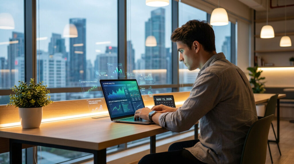 Un homme travaillant sur un ordinateur portable avec des graphiques IA projetés dans un bureau moderne avec vue urbaine.