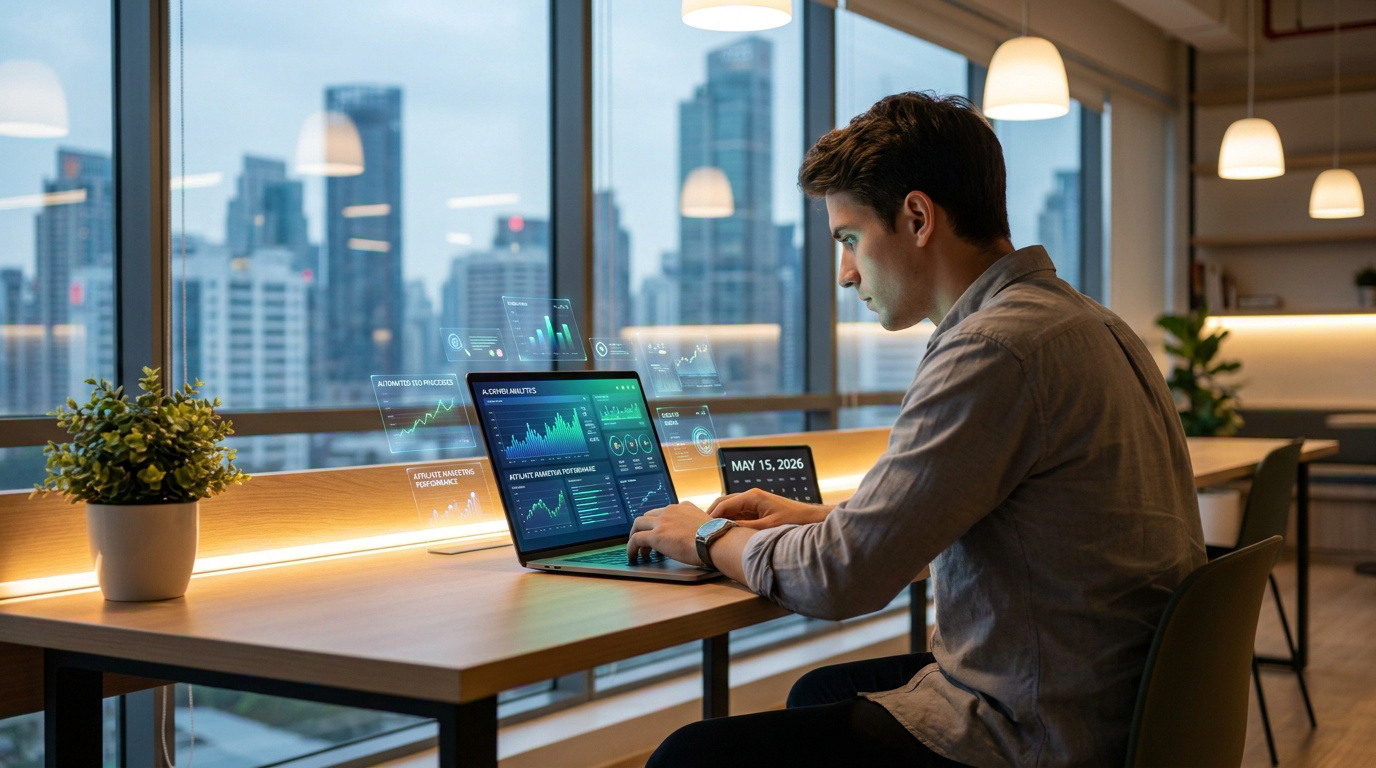 Un homme travaillant sur un ordinateur portable avec des graphiques IA projetés dans un bureau moderne avec vue urbaine.