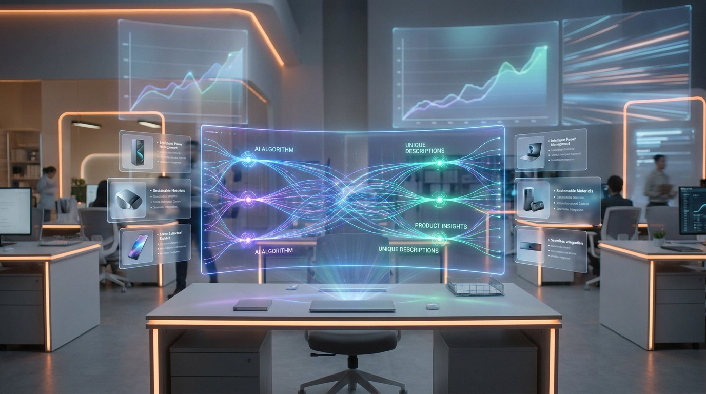 Interface holographique futuriste affichant des algorithmes IA pour la génération de contenu produit dans un bureau.