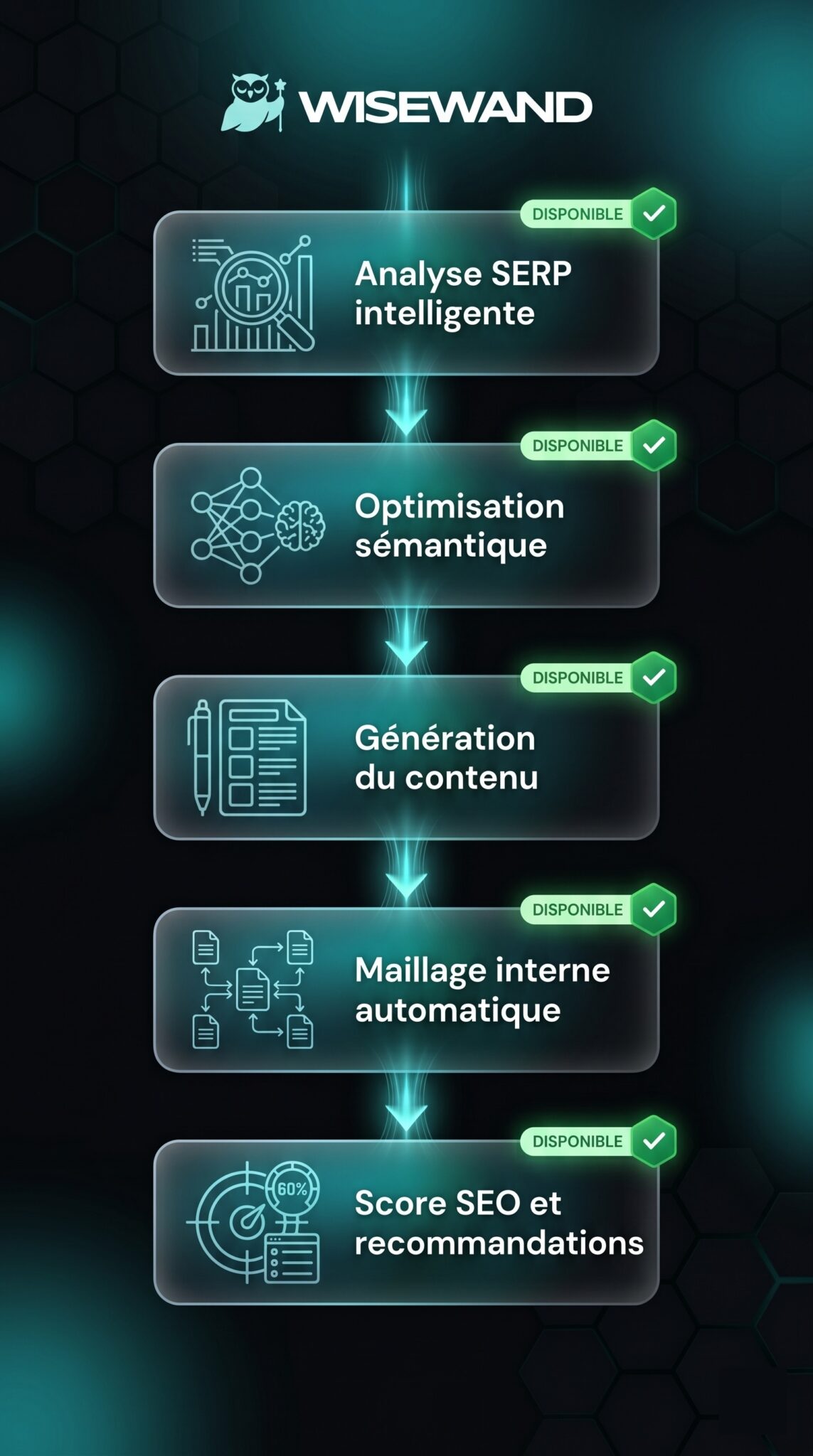 Les fonctionnalités SEO intégrées de Wisewand : analyse SERP, optimisation sémantique, maillage interne et score SEO