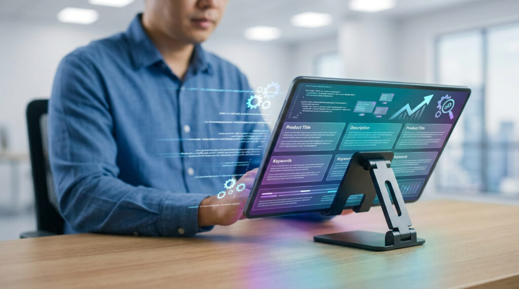 Un professionnel utilise une tablette avec une interface holographique pour automatiser la rédaction de fiches produits.
