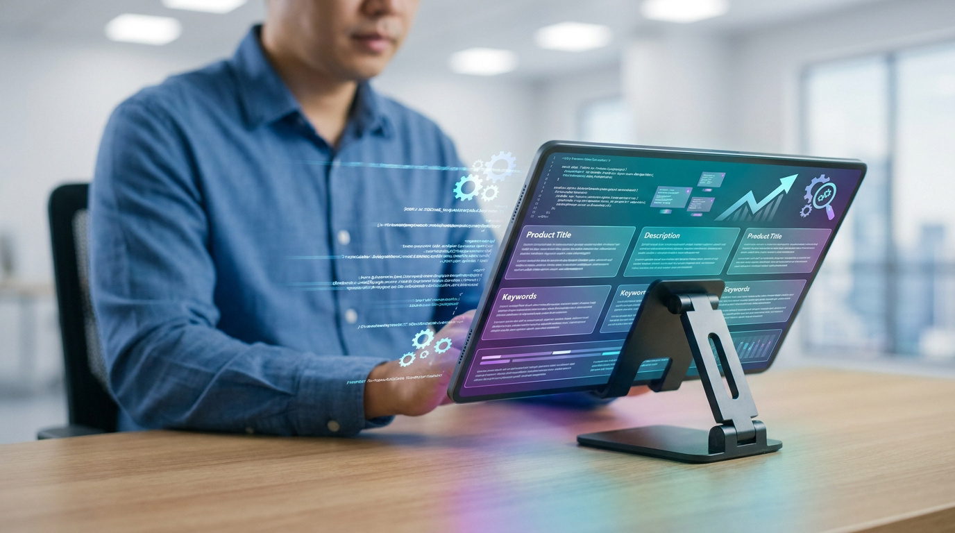 Un professionnel utilise une tablette avec une interface holographique pour automatiser la rédaction de fiches produits.
