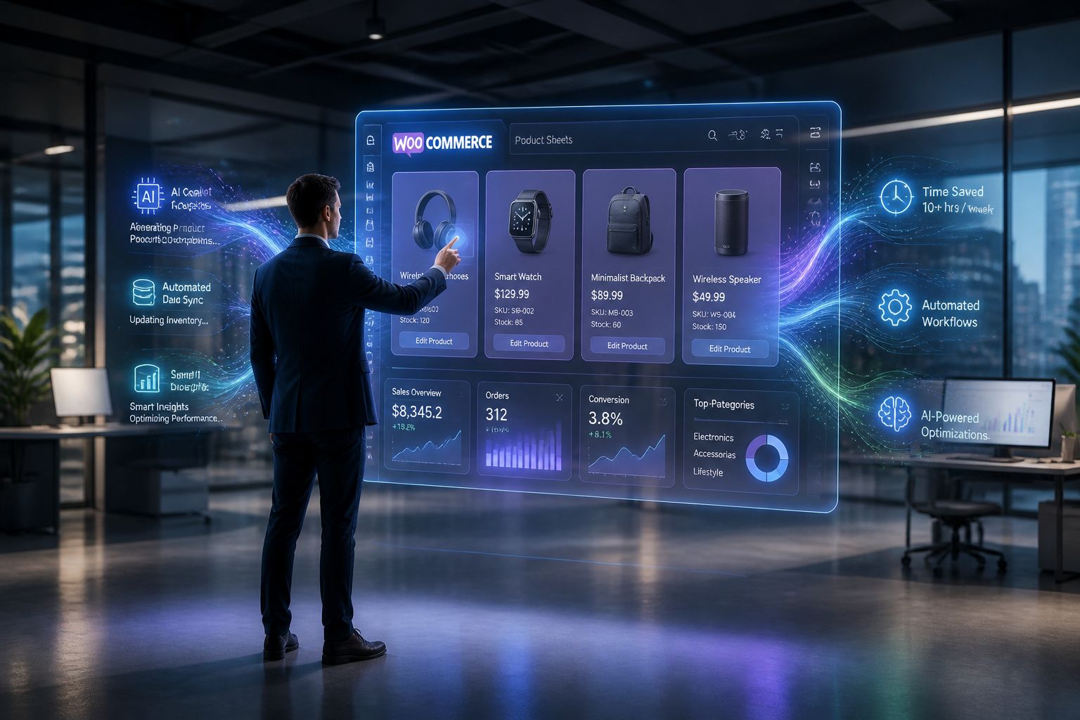 Un homme d'affaires interagissant avec une interface holographique futuriste affichant un tableau de bord WooCommerce.