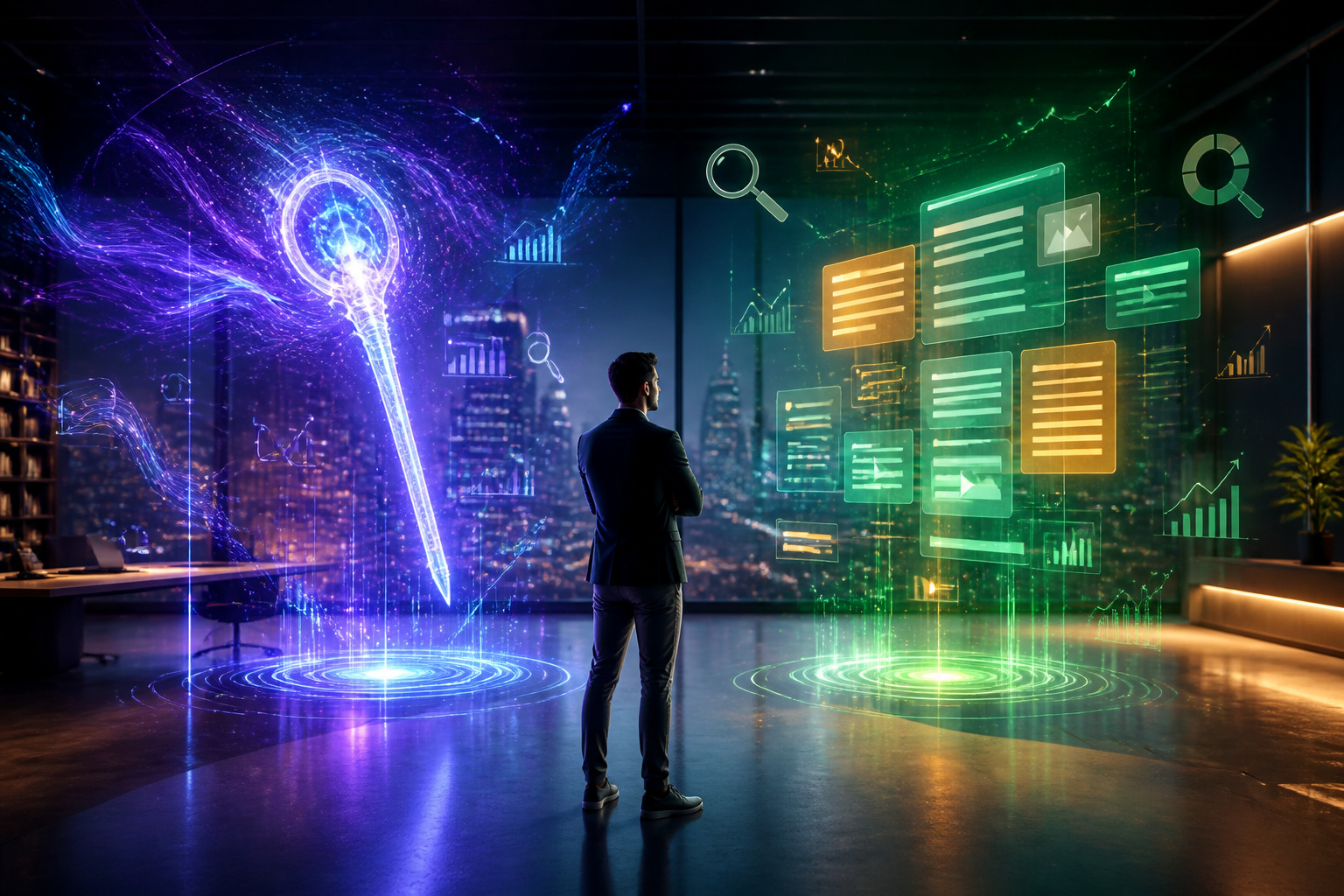 Un homme d'affaires observe des projections holographiques futuristes de données SEO et une baguette magique numérique.