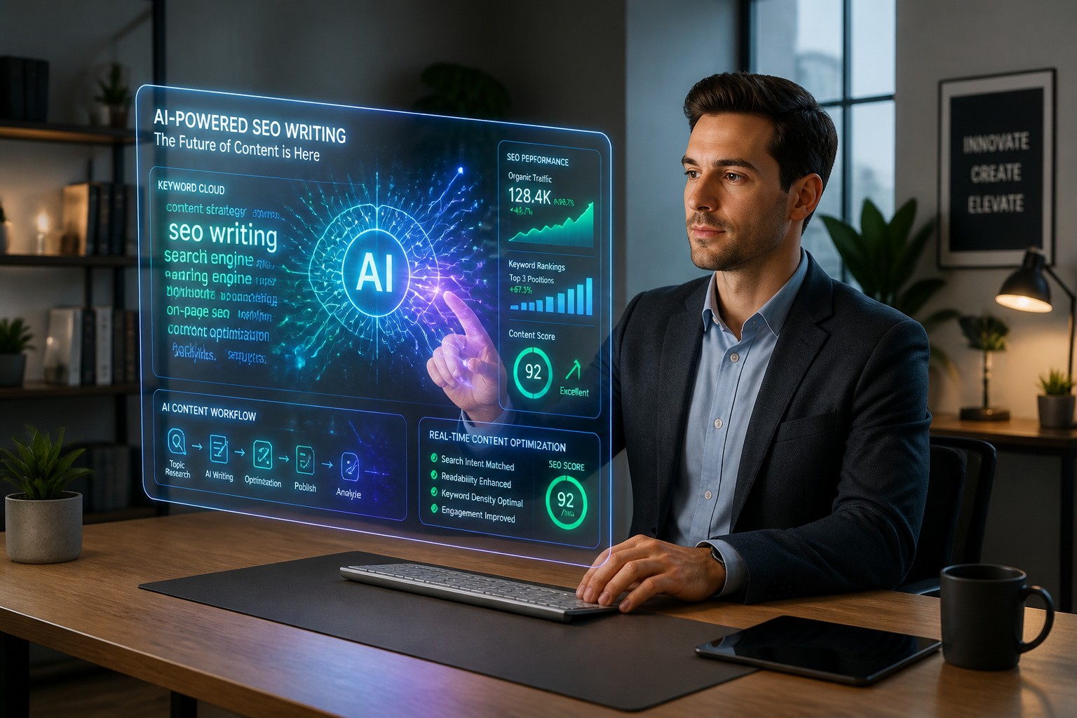Un professionnel utilise une interface holographique futuriste affichant des données et statistiques de performance SEO.