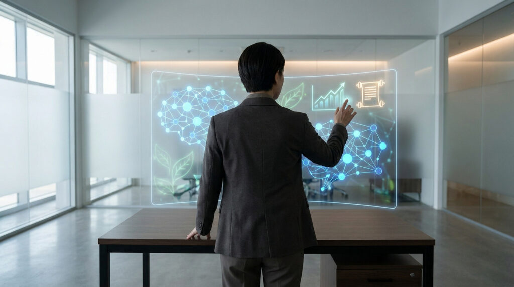 Personne interagissant avec un écran holographique affichant des icônes d'IA et de croissance dans un bureau moderne.