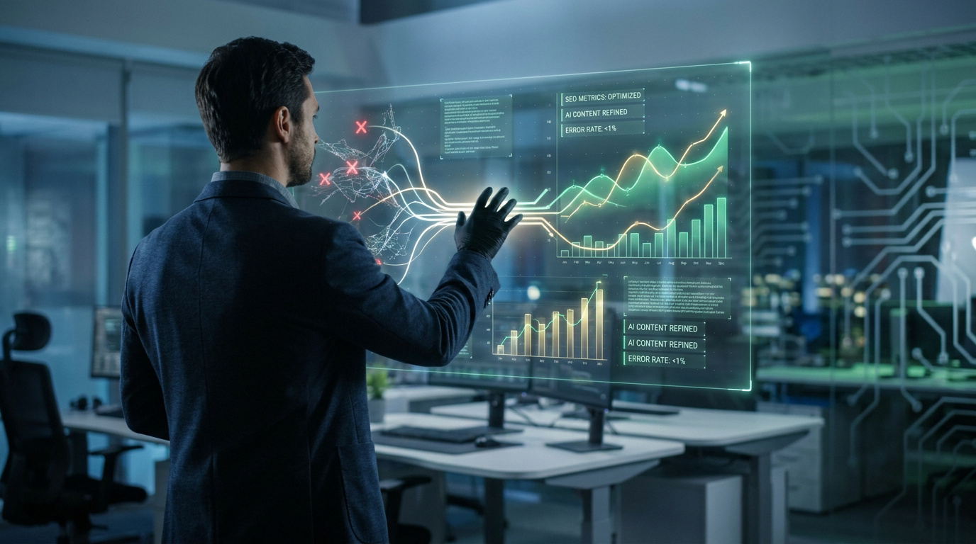 Un professionnel analysant des graphiques de performance SEO sur une interface holographique futuriste.