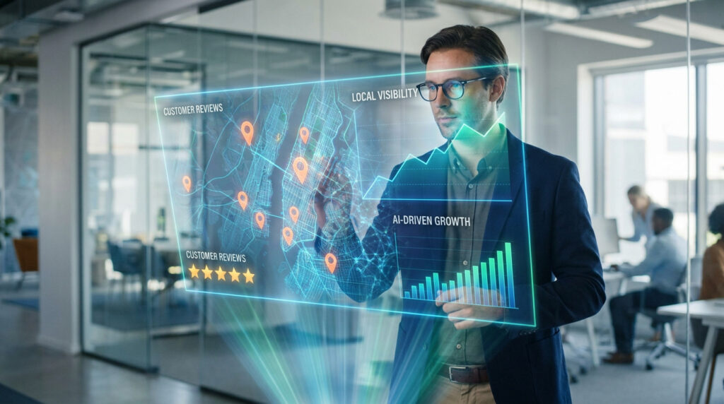 Un homme d'affaires interagissant avec une interface numérique holographique affichant des données de SEO local et des avis.