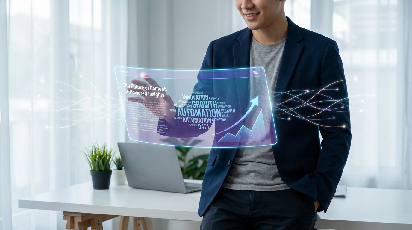 Un professionnel utilisant une interface holographique futuriste affichant des données SEO et des graphiques de croissance.