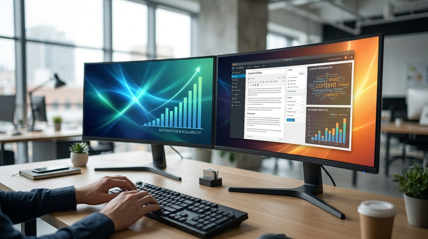 Bureau moderne avec deux écrans montrant des graphiques d'automatisation et une interface de rédaction de contenu SEO.