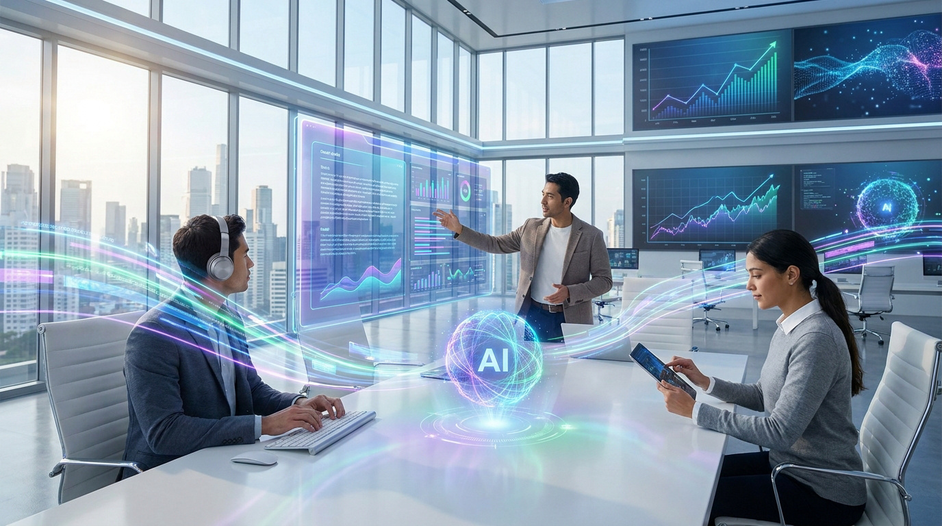 Équipe travaillant dans un bureau moderne avec des écrans holographiques de données et une interface IA au centre.
