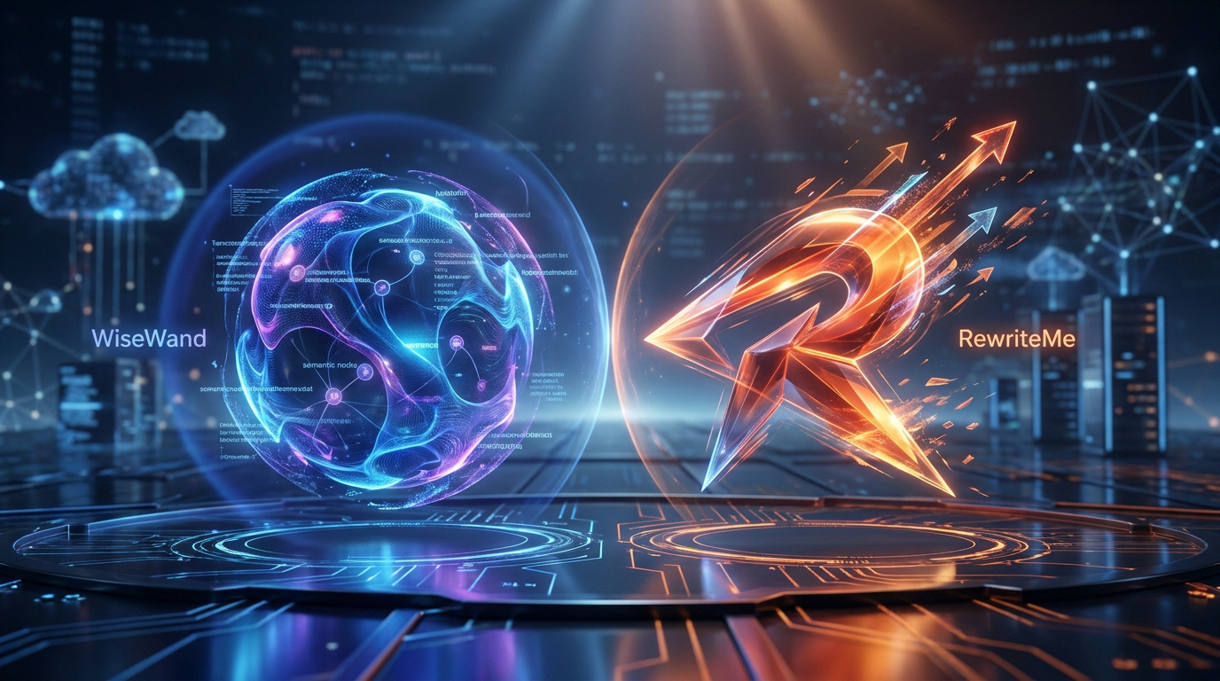 Duel graphique entre une sphère numérique bleue WiseWand et un logo orange RewriteMe sur un fond technologique.