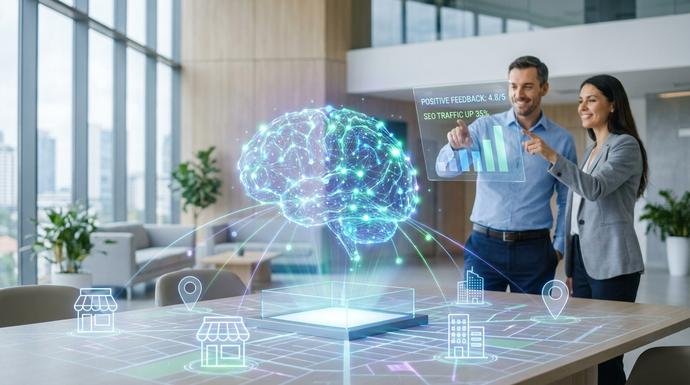 Un homme et une femme d'affaires analysant un hologramme de cerveau IA au-dessus d'une carte avec des points de vente.